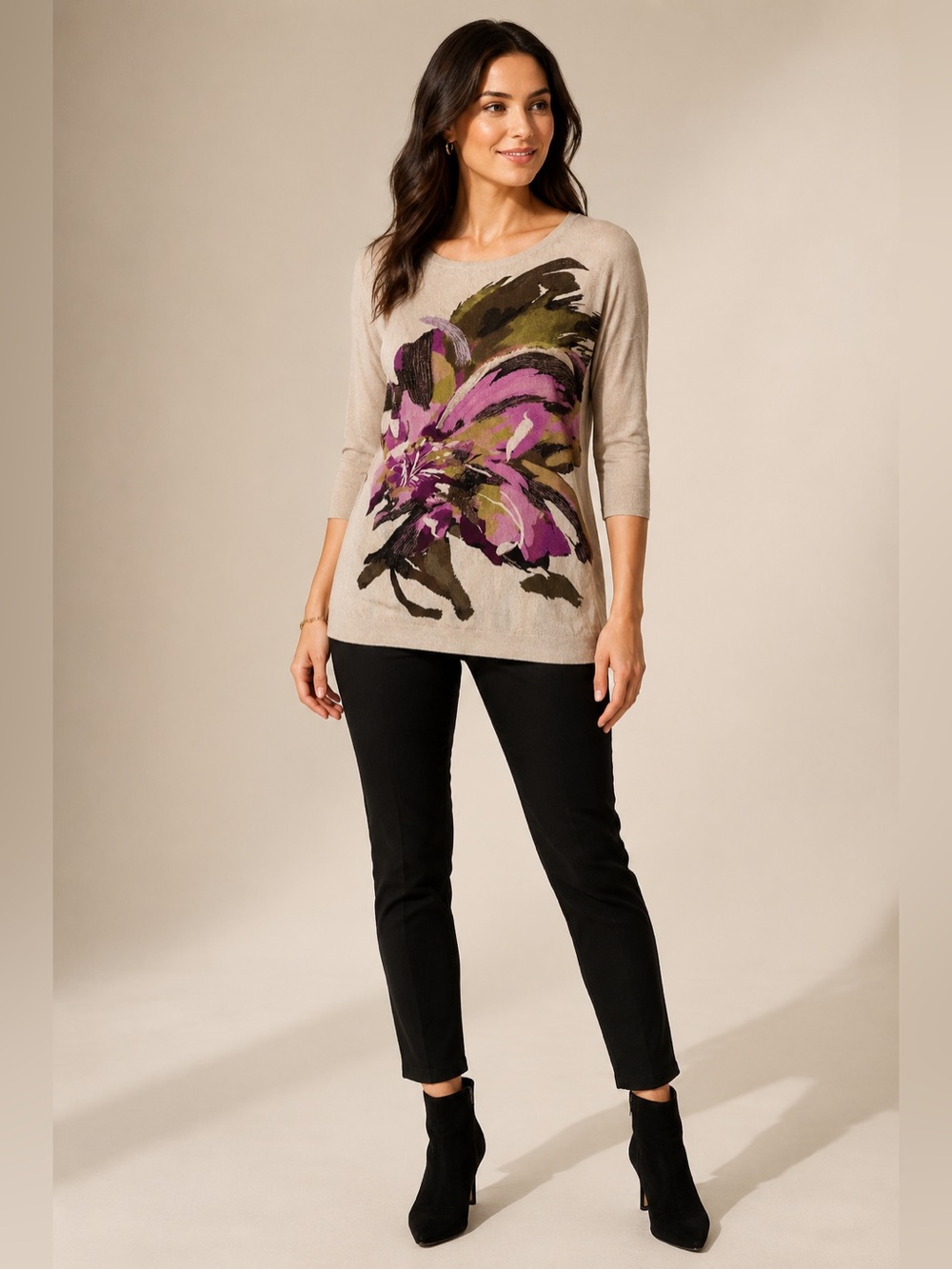 INC International Concepts Petites P/S Beige Abstract Floral Tunic Sweater